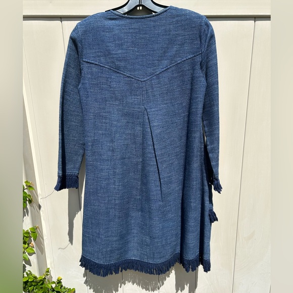 BCBG Swing Fringe Dress Size XXS Oversize Trysta Woven Cotton Denim Blue Pockets - Picture 5 of 8